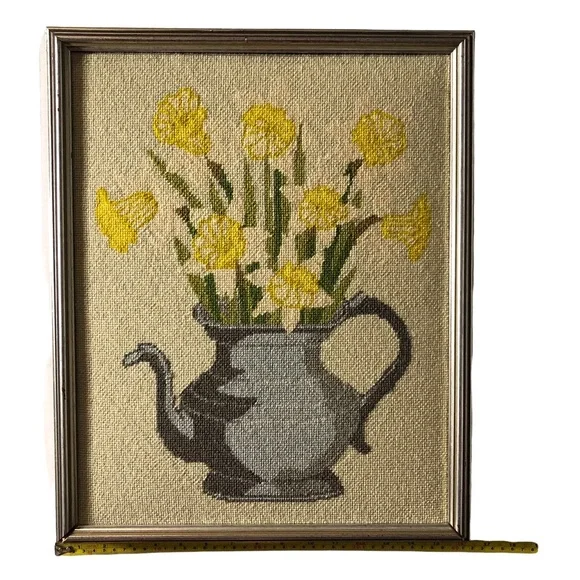 Large Vintage Cross Stitch Needlepoint Tapestry Style Tea Flowers Garden Teapot - Picture 8 of 11